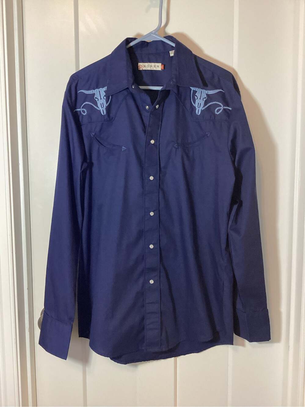 Roper Men's Western Pearl Snap Shirt Long Sleeve Blue Bull Skull Embroidered M